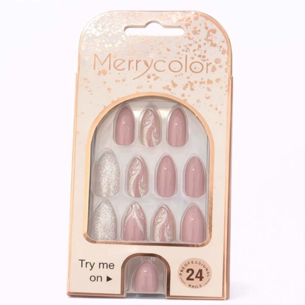 أظافر تركيب فاخرة MerryColor – وردي ناعم بنقشة فضية